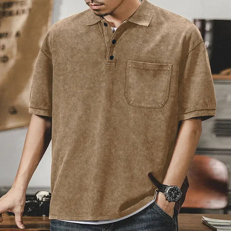 Men's Green Lapel T-Shirt Short Sleeve Retro Wash — feature 18