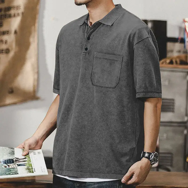 Men's Green Lapel T-Shirt Short Sleeve Retro Wash — feature 26