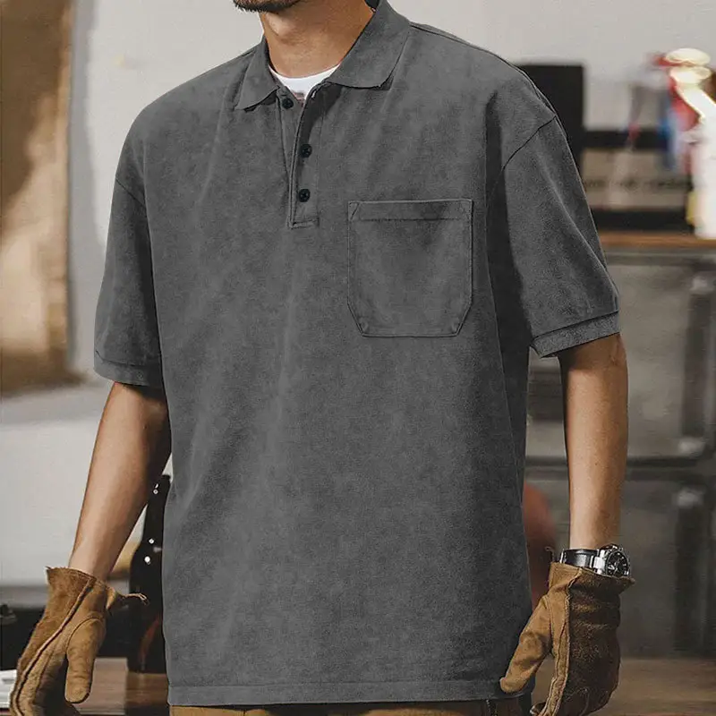 Men's Green Lapel T-Shirt Short Sleeve Retro Wash — feature 29