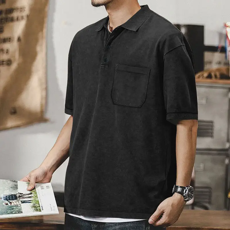 Men's Green Lapel T-Shirt Short Sleeve Retro Wash — feature 3