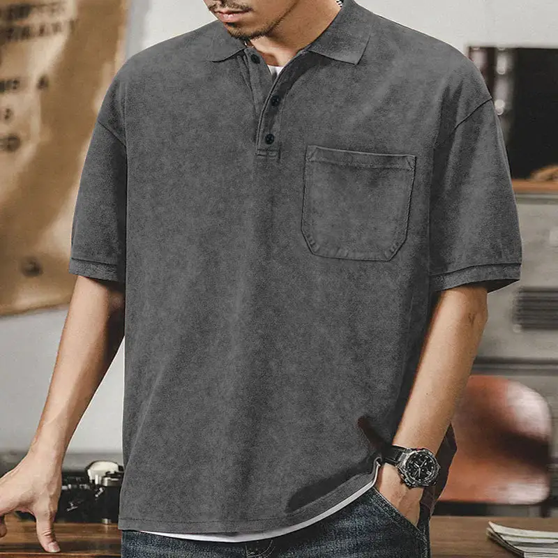 Men's Green Lapel T-Shirt Short Sleeve Retro Wash — feature 30