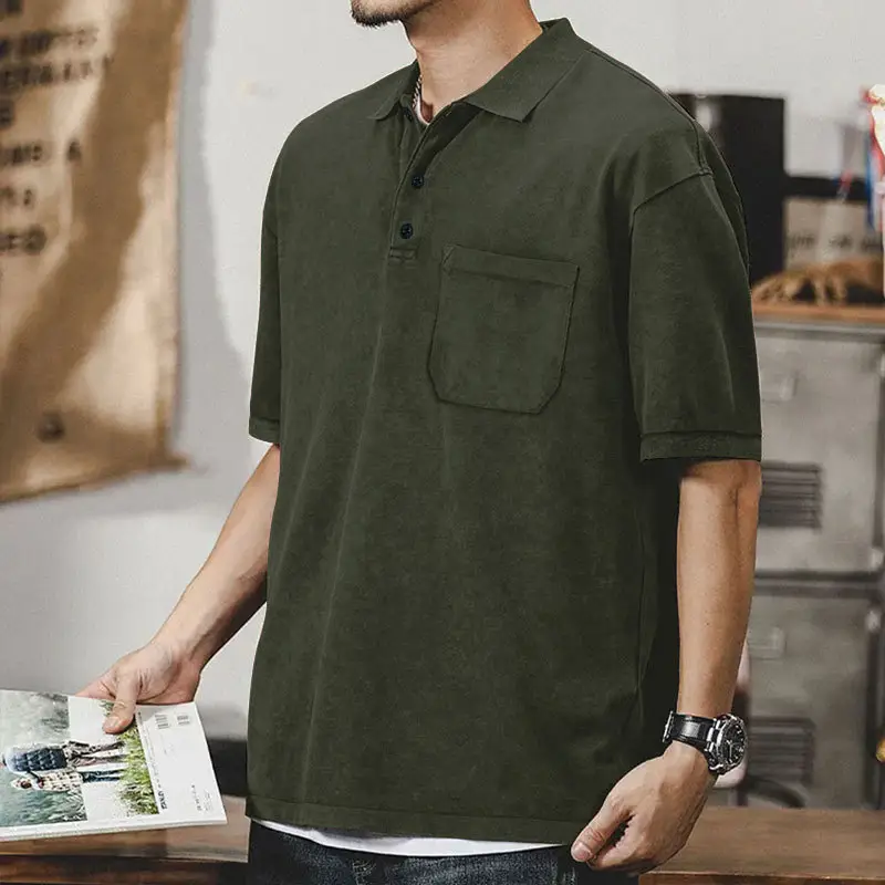 Men's Green Lapel T-Shirt Short Sleeve Retro Wash — feature 37