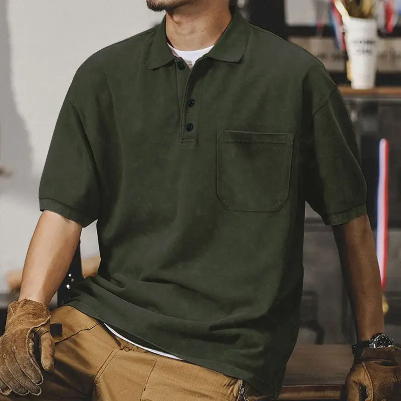 Men's Green Lapel T-Shirt Short Sleeve Retro Wash — feature 38