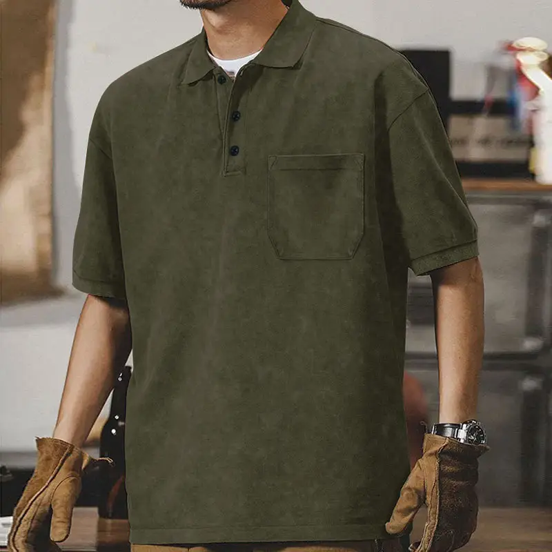 Men's Green Lapel T-Shirt Short Sleeve Retro Wash — feature 40