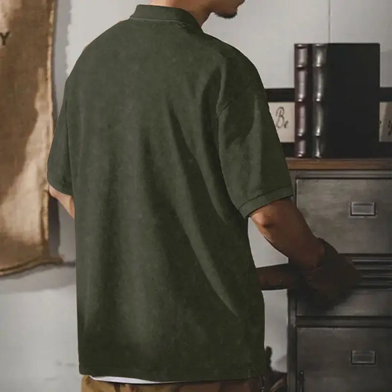 Men's Green Lapel T-Shirt Short Sleeve Retro Wash — feature 42