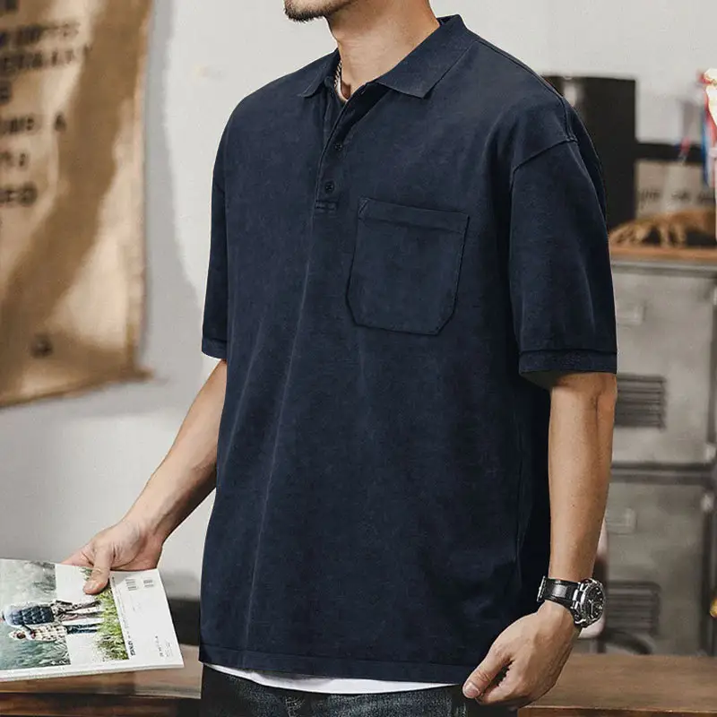 Men's Green Lapel T-Shirt Short Sleeve Retro Wash — feature 48
