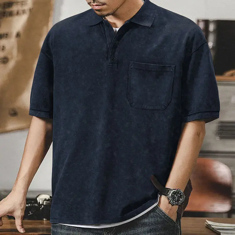Men's Green Lapel T-Shirt Short Sleeve Retro Wash