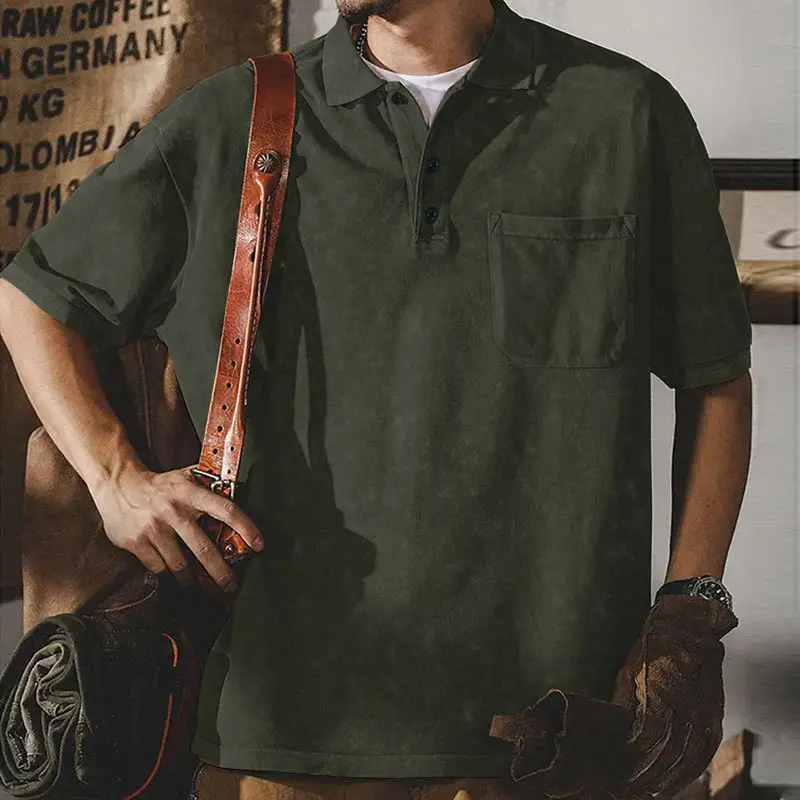 Men's Green Lapel T-Shirt Short Sleeve Retro Wash
