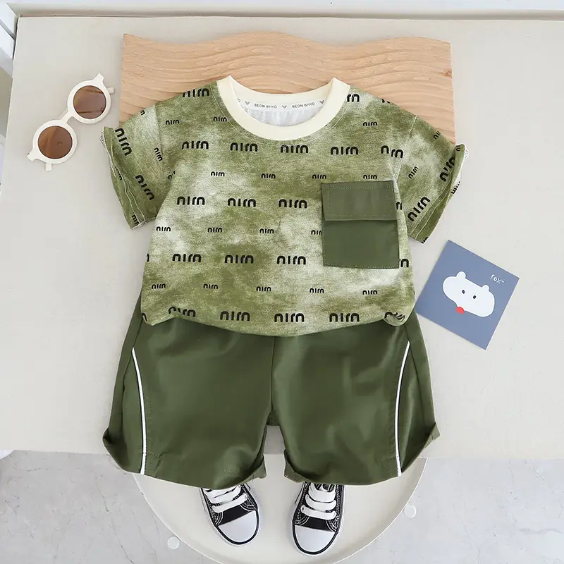 0-4Yrs Boys Printed Green Camo T-Shirt & Shorts Set - Image 2