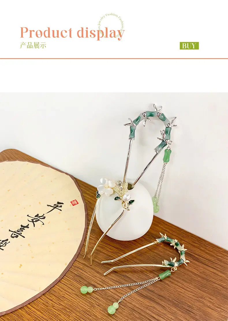 Elegant Green Bamboo Hairpin with Chain — feature 5