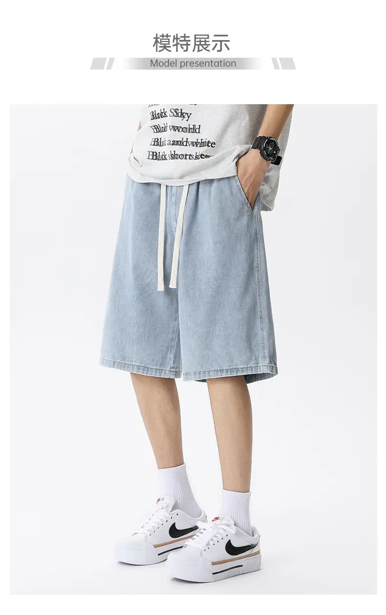 Men Denim Shorts Light Blue Loose Fit 5Pc — feature 7