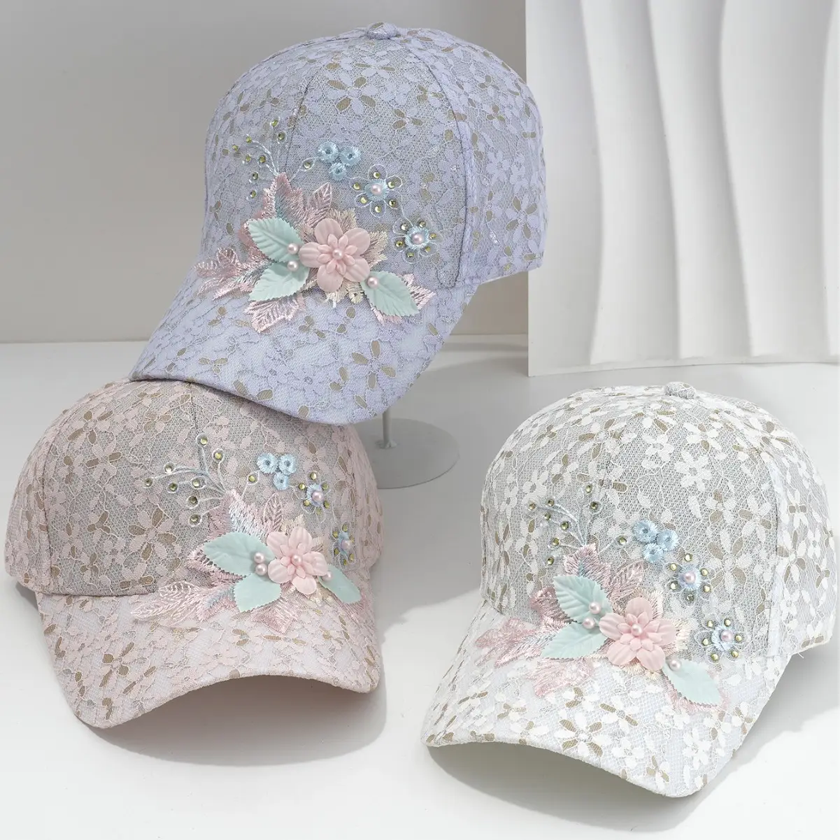 Women's Lace Pearl Hollow Baseball Cap with Flower & Rhinestone