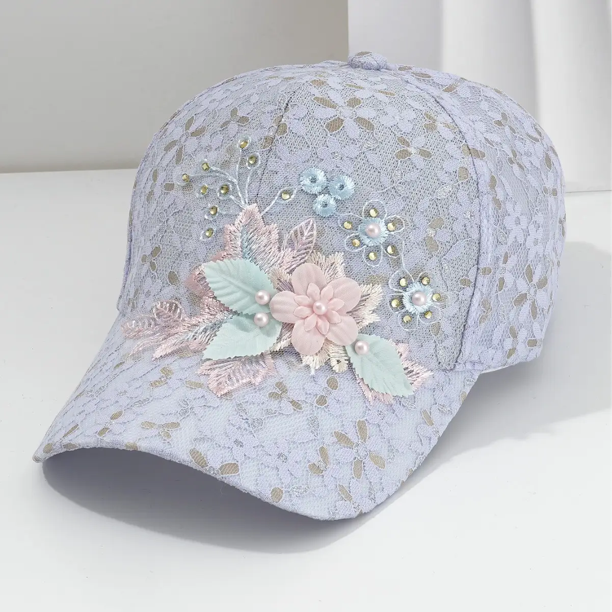 Women's Lace Pearl Hollow Baseball Cap with Flower & Rhinestone