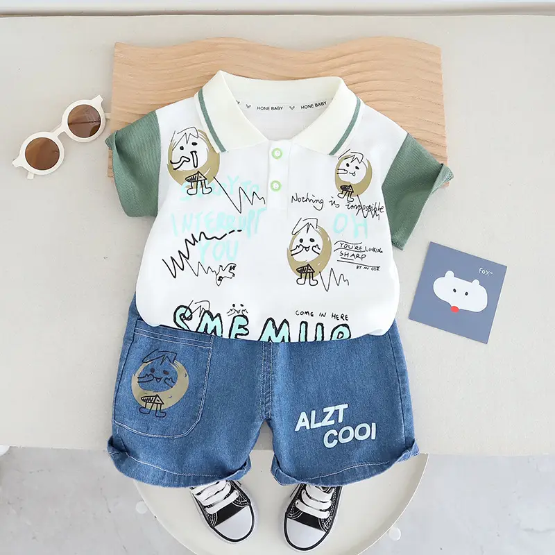Boys Cotton Short Sleeve T-Shirt Shorts Set White Green Blue