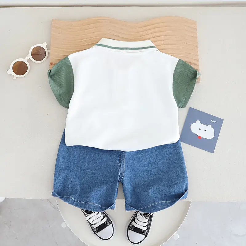 Boys Cotton Short Sleeve T-Shirt Shorts Set White Green Blue