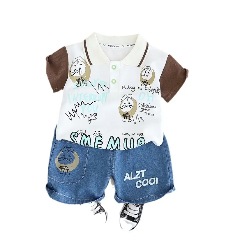 Boys Cotton Short Sleeve T-Shirt Shorts Set White Green Blue