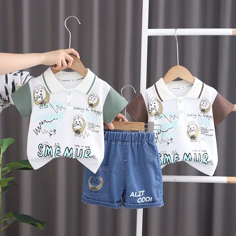 Boys Cotton Short Sleeve T-Shirt Shorts Set White Green Blue — feature 3