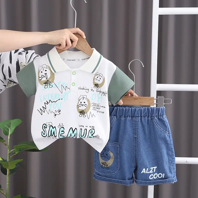 Boys Cotton Short Sleeve T-Shirt Shorts Set White Green Blue — feature 4