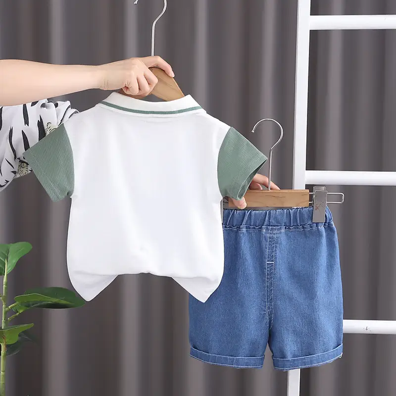 Boys Cotton Short Sleeve T-Shirt Shorts Set White Green Blue — feature 5