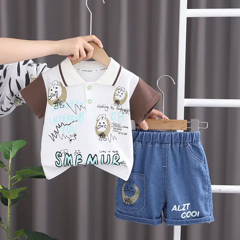 Boys Cotton Short Sleeve T-Shirt Shorts Set White Green Blue — feature 6