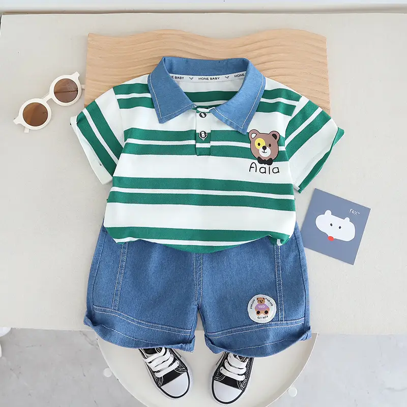 Boys Green Striped Polo Shorts Set Summer 24 - Image 2