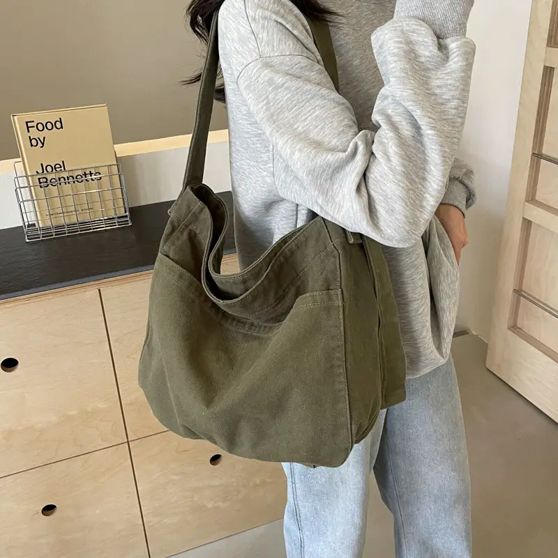 Large Capacity Canvas Shoulder Bag for Women Olive Green - Image 3