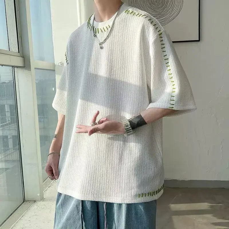 Men's Waffle Cotton Crewneck T-Shirt Grey White Hip-hop Style