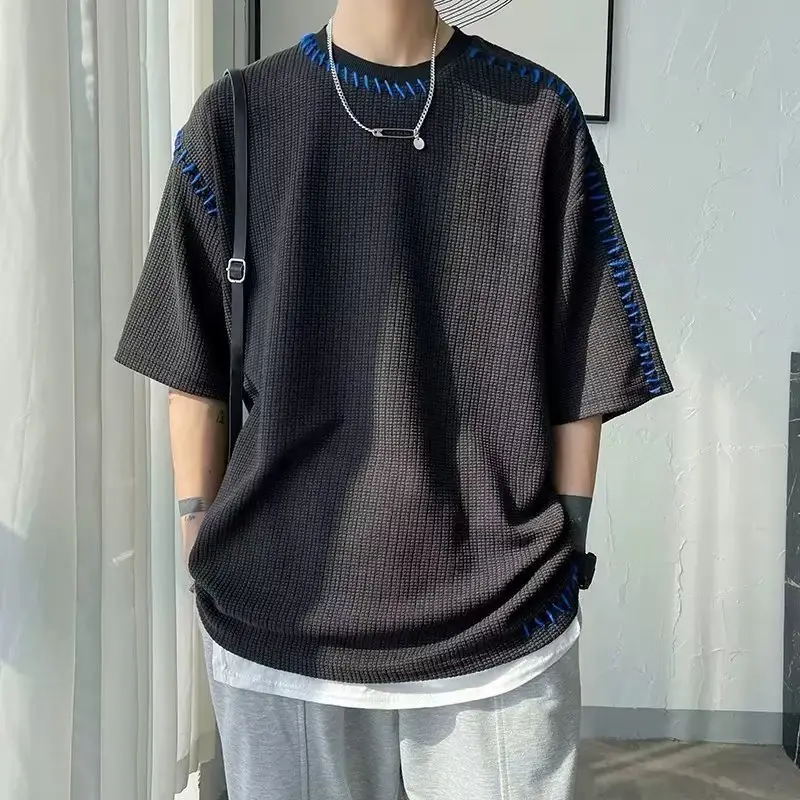 Men's Waffle Cotton Crewneck T-Shirt Grey White Hip-hop Style
