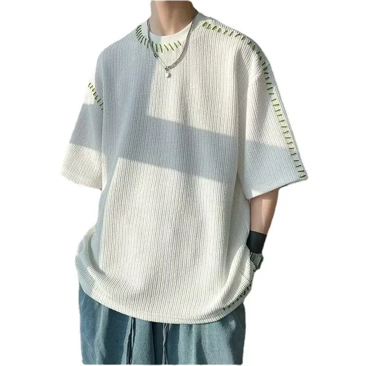 Men's Waffle Cotton Crewneck T-Shirt Grey White Hip-hop Style