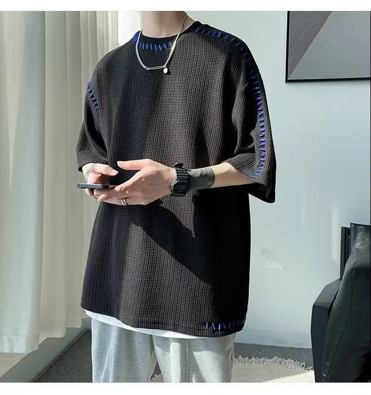 Men's Waffle Cotton Crewneck T-Shirt Grey White Hip-hop Style — feature 10