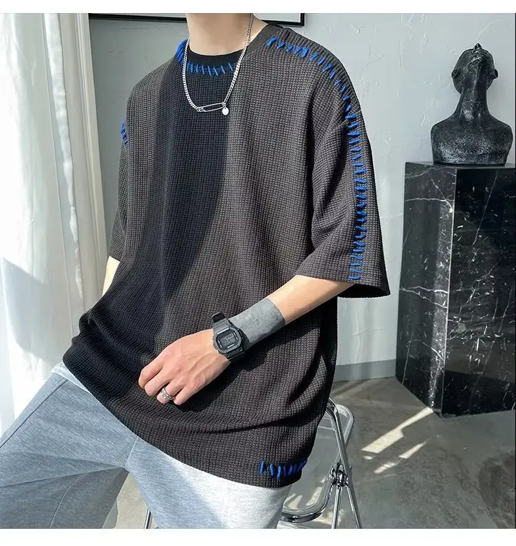 Men's Waffle Cotton Crewneck T-Shirt Grey White Hip-hop Style — feature 11