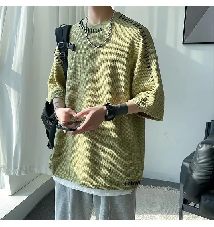 Men's Waffle Cotton Crewneck T-Shirt Grey White Hip-hop Style — feature 12