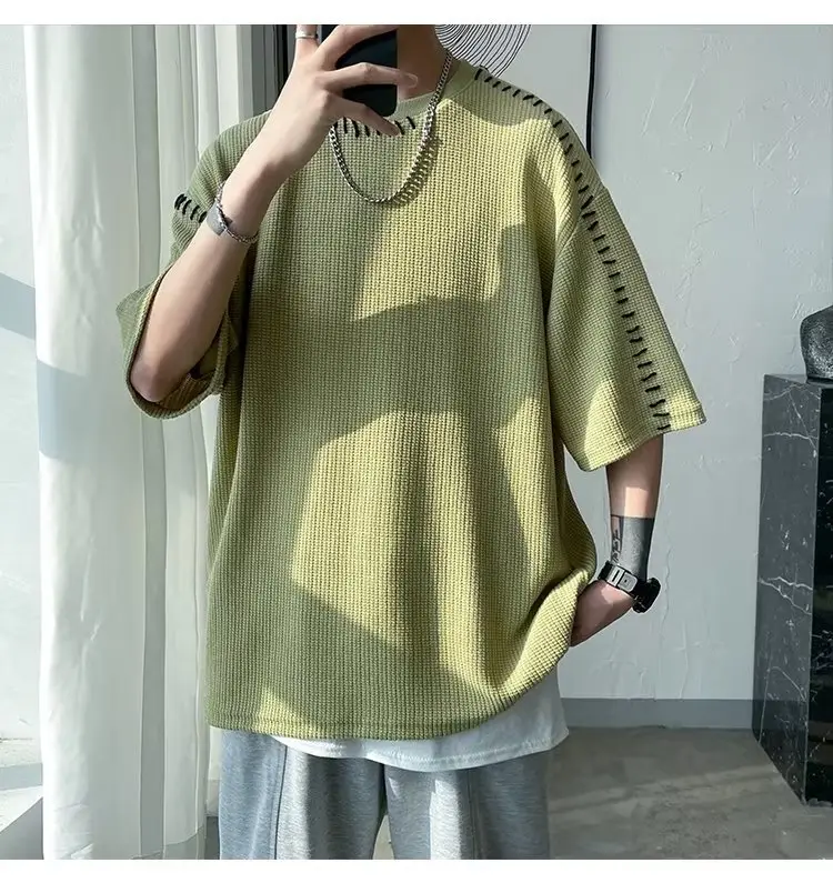 Men's Waffle Cotton Crewneck T-Shirt Grey White Hip-hop Style — feature 13