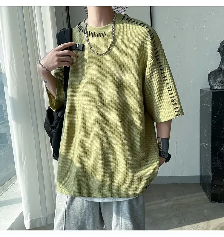 Men's Waffle Cotton Crewneck T-Shirt Grey White Hip-hop Style — feature 14