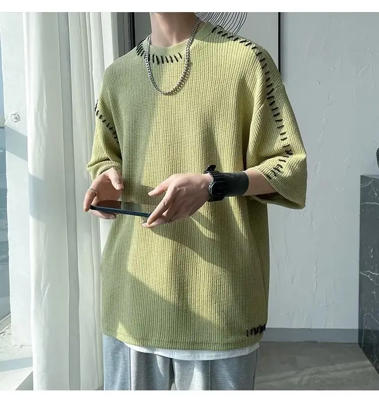 Men's Waffle Cotton Crewneck T-Shirt Grey White Hip-hop Style — feature 15