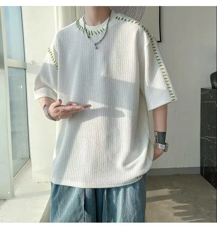 Men's Waffle Cotton Crewneck T-Shirt Grey White Hip-hop Style — feature 4
