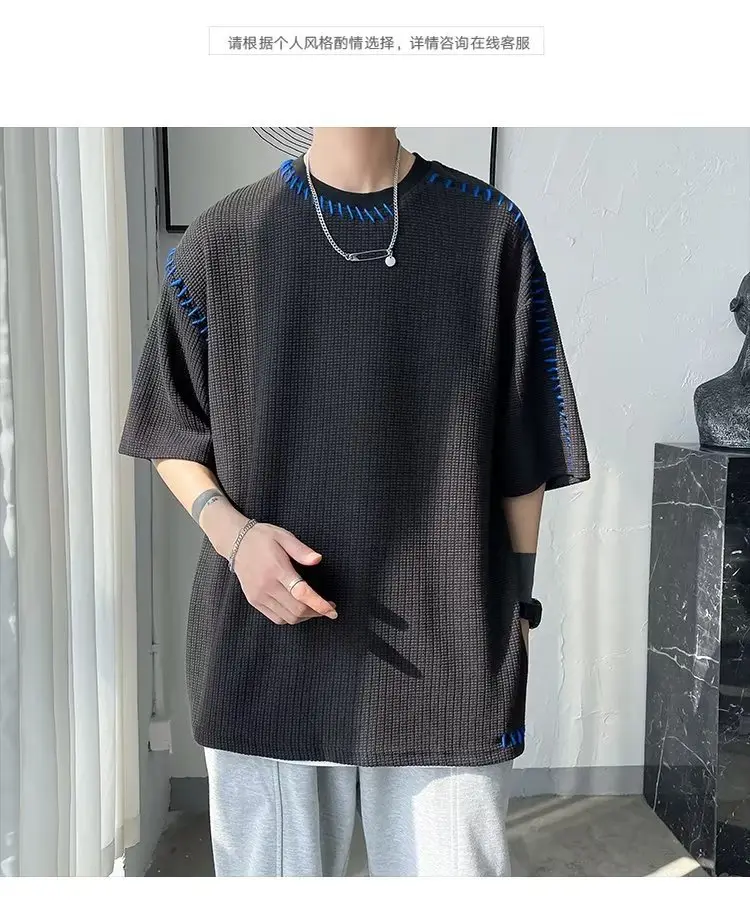 Men's Waffle Cotton Crewneck T-Shirt Grey White Hip-hop Style — feature 7