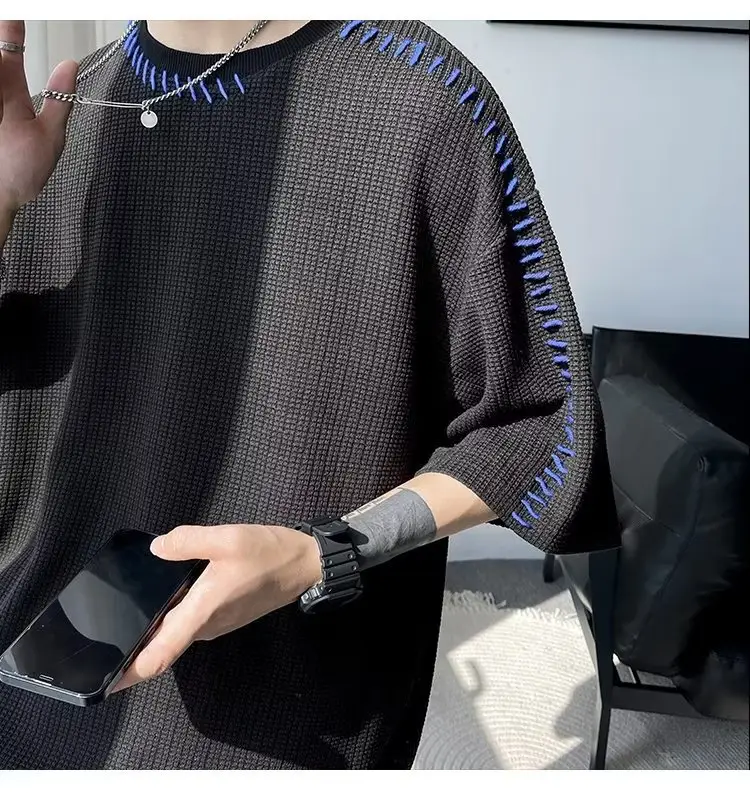 Men's Waffle Cotton Crewneck T-Shirt Grey White Hip-hop Style — feature 8