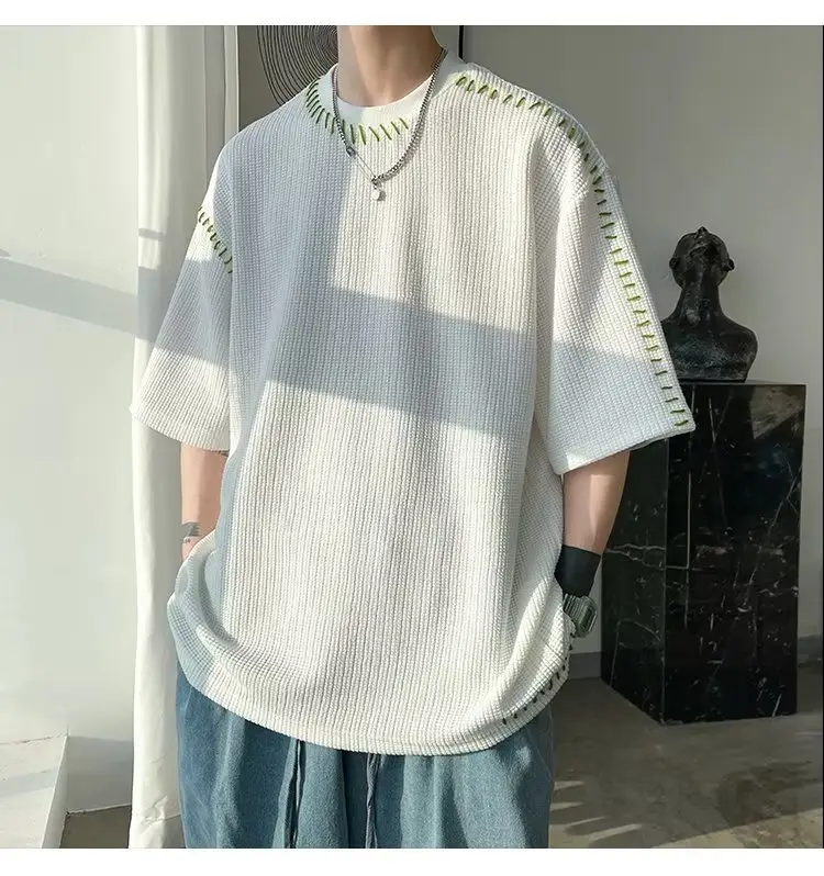 Men's Waffle Cotton Crewneck T-Shirt Grey White Hip-hop Style