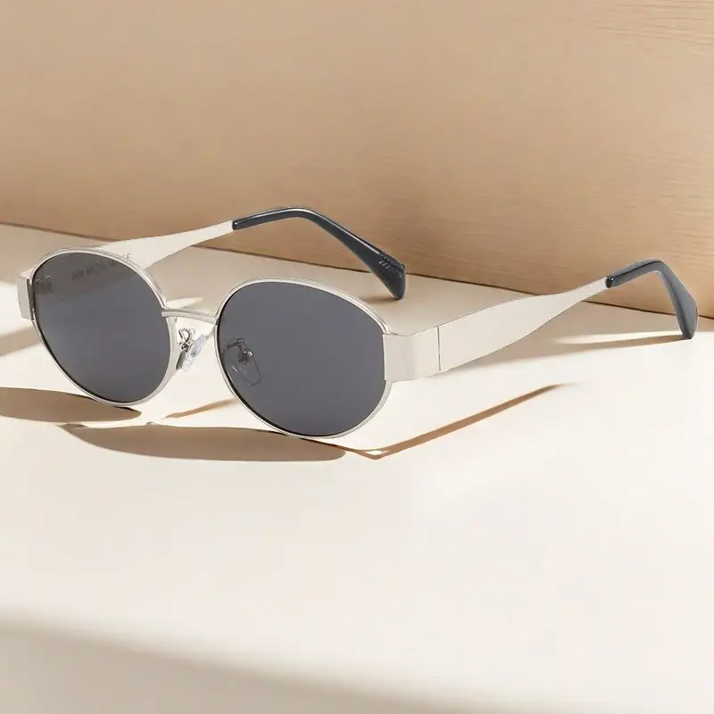 Oval Sunglasses for Men Women Metal Frame Green Lenses - Image 4