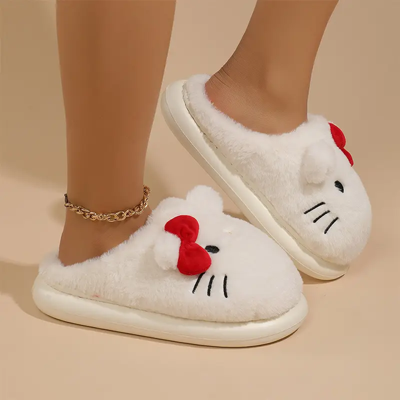 Cartoon Kitty Cotton Slippers 2024 New Thickened Autumn and Winter Indoor Non-Slip Home Shoes Warm Ladies Plush Slippers — feature 7