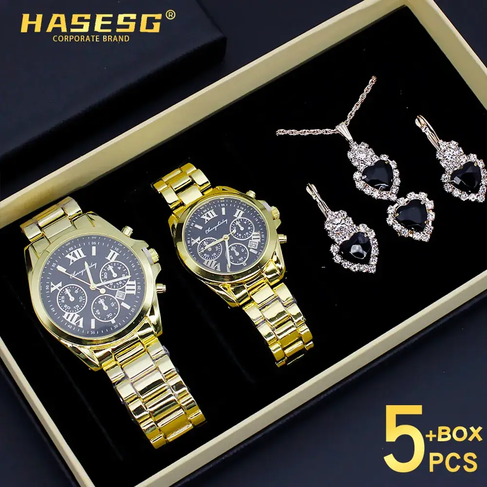 Couple Quartz Watch Set Gold Plated Necklace Earrings Ring Box - Image 7