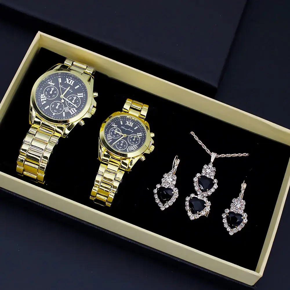 Couple Quartz Watch Set Gold Plated Necklace Earrings Ring Box - Image 8