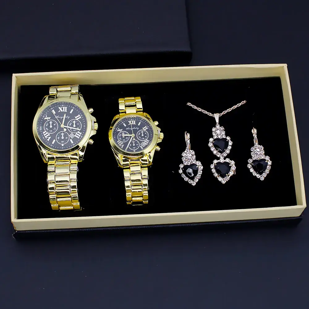 Couple Quartz Watch Set Gold Plated Necklace Earrings Ring Box - Image 9