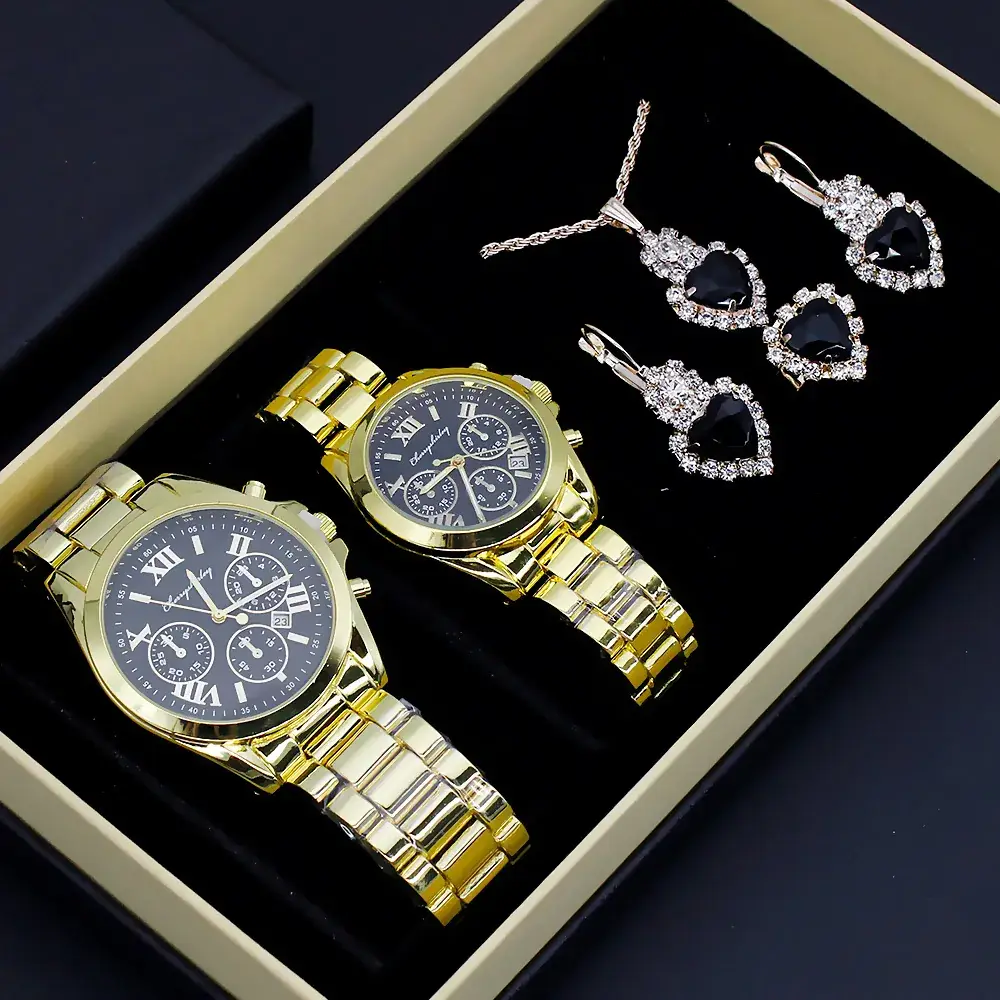 Couple Quartz Watch Set Gold Plated Necklace Earrings Ring Box - Image 10