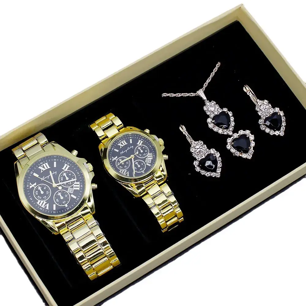 Couple Quartz Watch Set Gold Plated Necklace Earrings Ring Box - Image 11