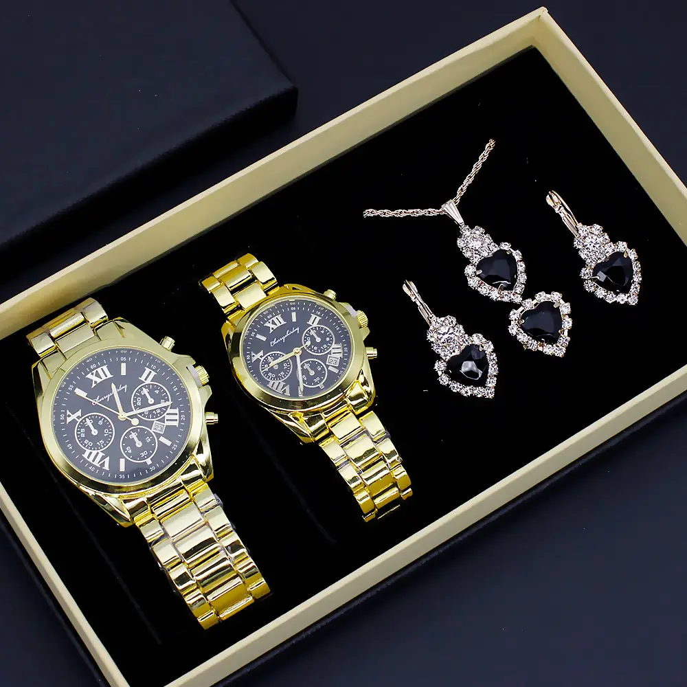 Couple Quartz Watch Set Gold Plated Necklace Earrings Ring Box — feature 5