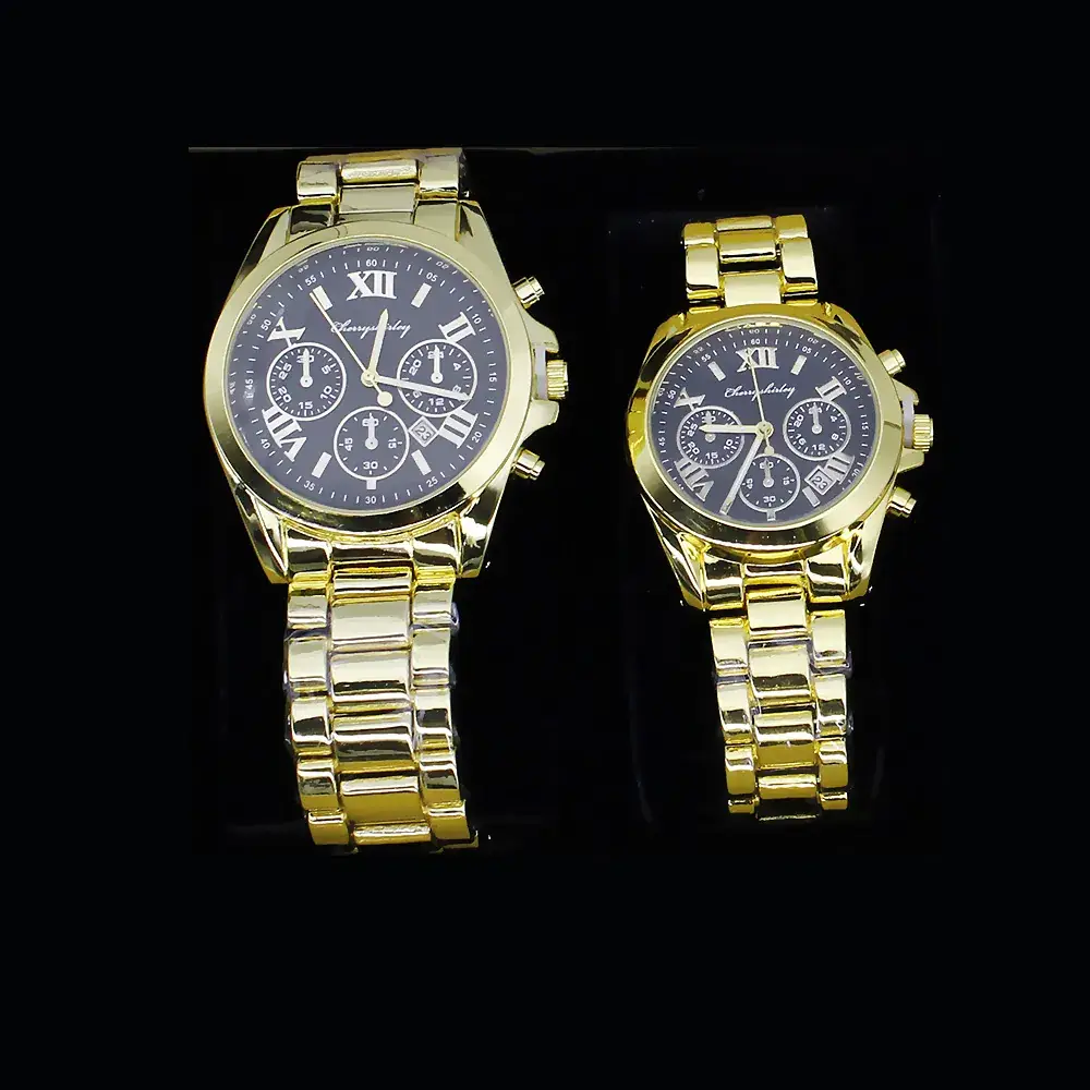 Couple Quartz Watch Set Gold Plated Necklace Earrings Ring Box - Image 2