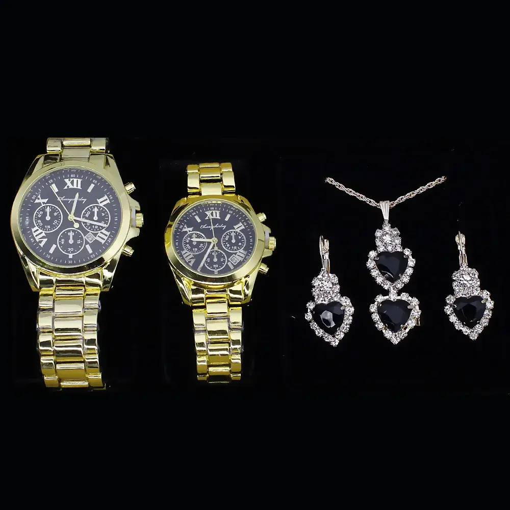 Couple Quartz Watch Set Gold Plated Necklace Earrings Ring Box - Image 3