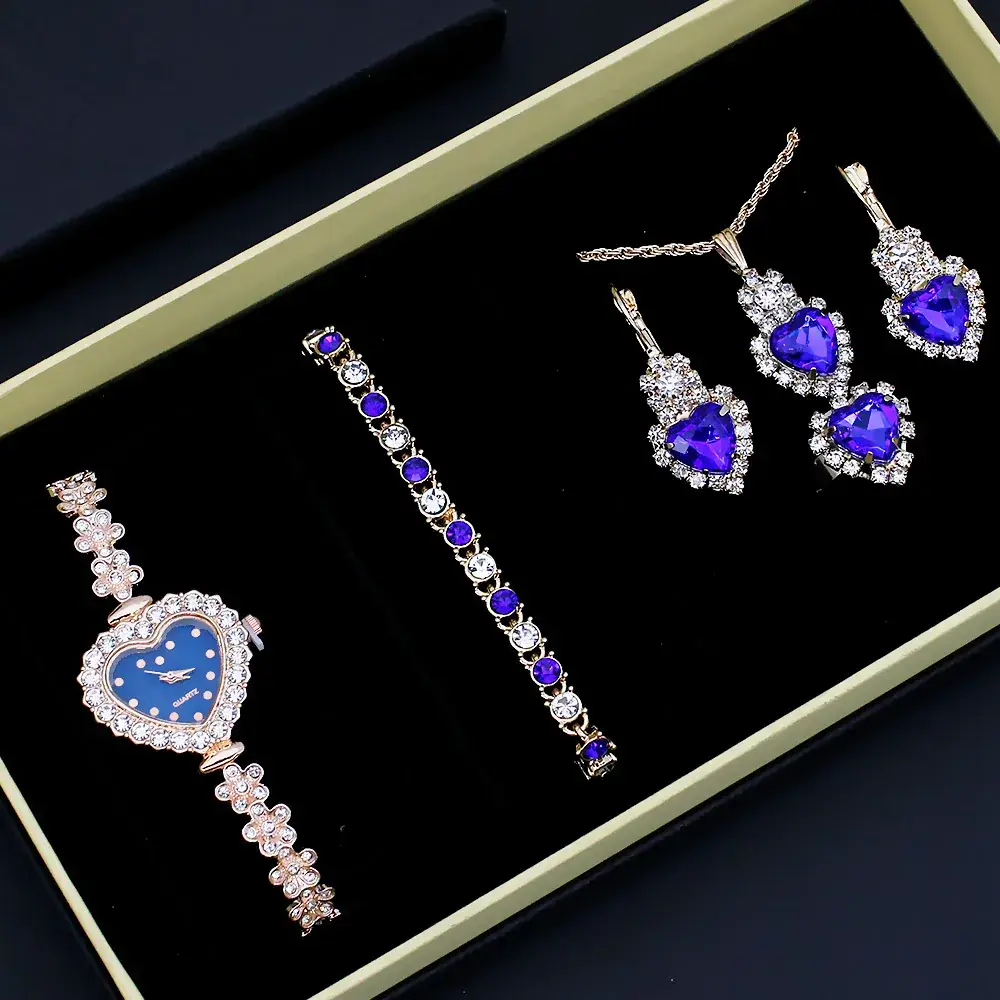 Blue Crystal Love Bracelet Watch Set for Women - Image 3